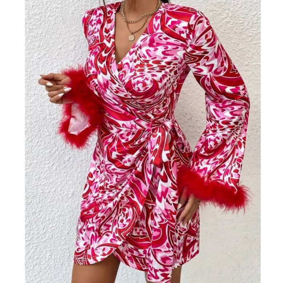 Cuff feather detailed Wrap Knot Side Mini Dress - Picture 2 of 7